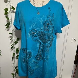 American Vintage Turquoise Short-Sleeve Tee with Embellished Cross